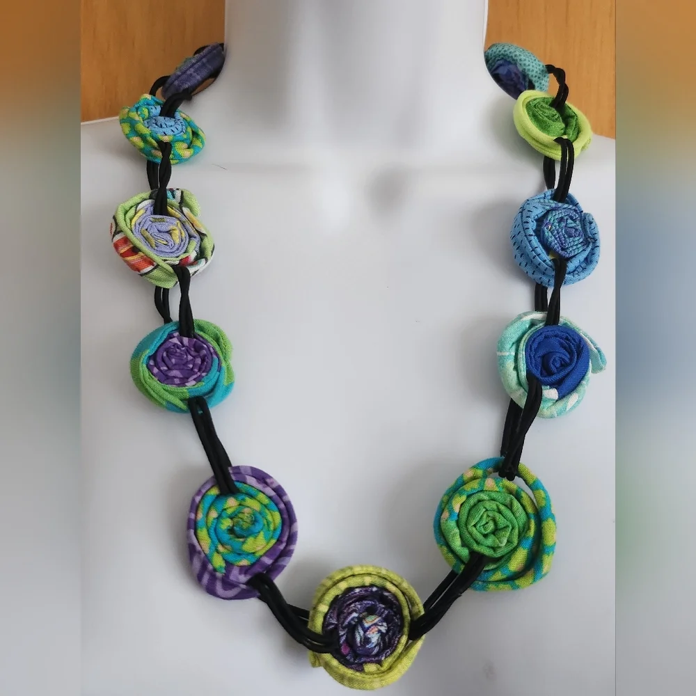 Multi colored coiled fabric necklace